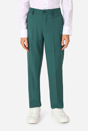 Green pants worn by a person on a white background