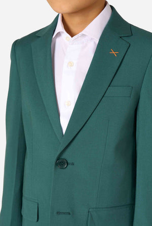 Green blazer with a white shirt and orange logo on a white background