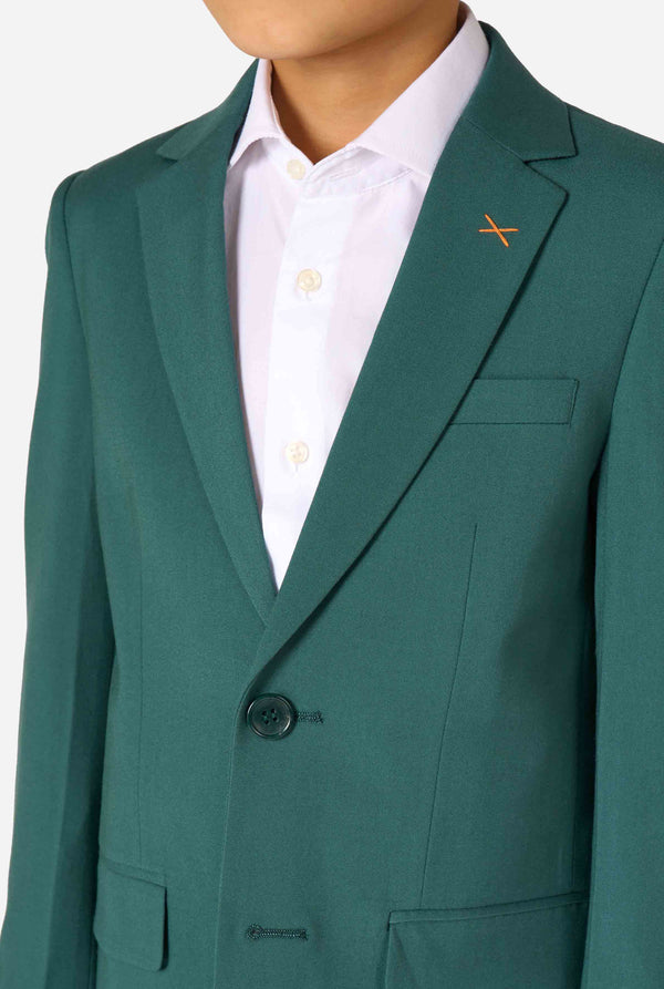 Green blazer with a white shirt and orange logo on a white background