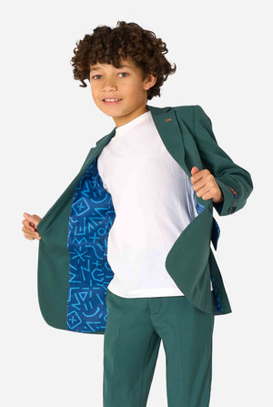 Child wearing a green suit with a white shirt and blue patterned lining, holding the jacket open.