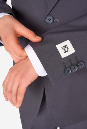 Gray suit jacket with a brand label on a white background