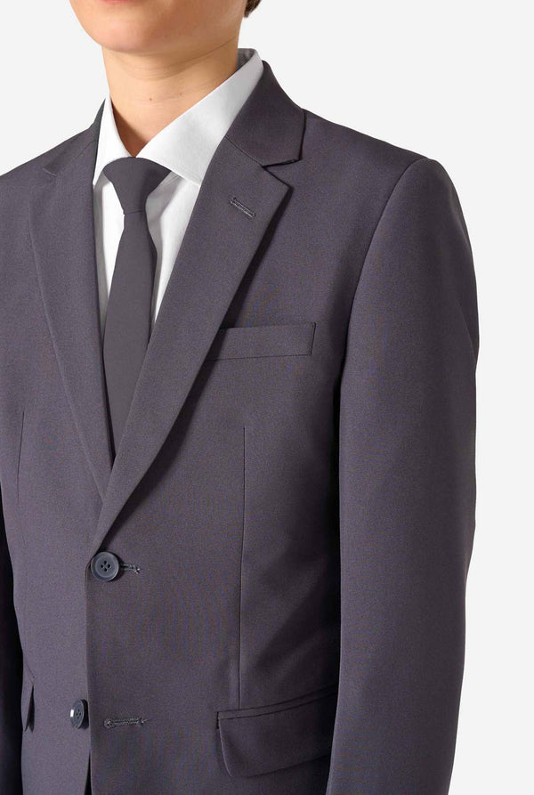 Gray suit jacket with white shirt and tie on a white background