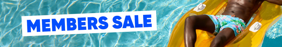 Person lounging on a yellow inflatable raft in a pool with 'Members Sale' text overlay.
