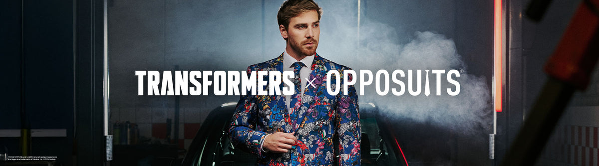Person in a colorful suit with 'Transformers x Opposuits' text in a futuristic setting.