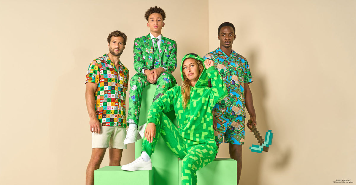 Four people wearing Minecraft outfits on a beige background