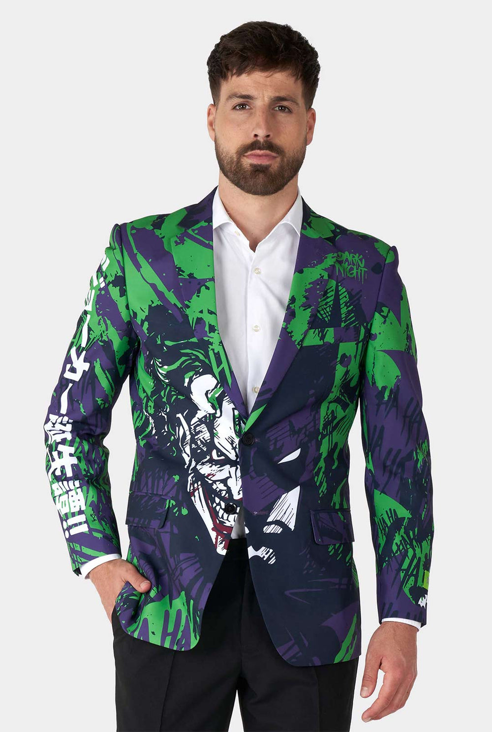 Man wearing purple and green batman vs Joker men's blazer