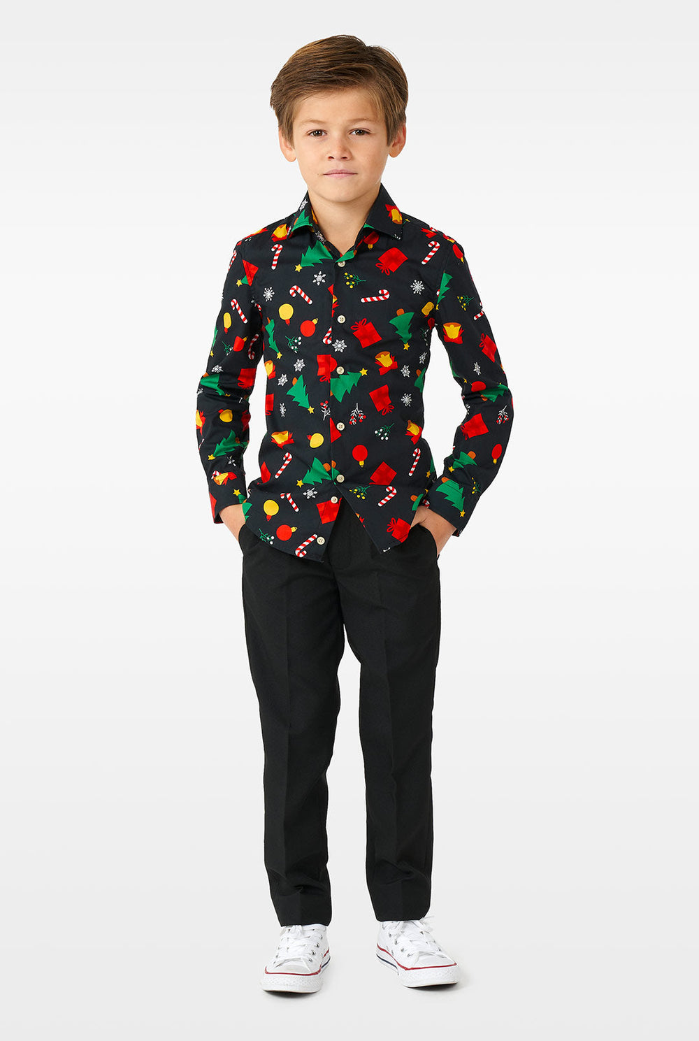 Funny black Christmas icons dress shirt worn by a boy zoomed in