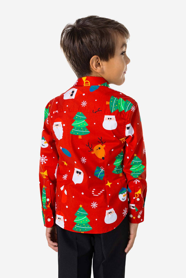 Kid wearing red Christmas suit