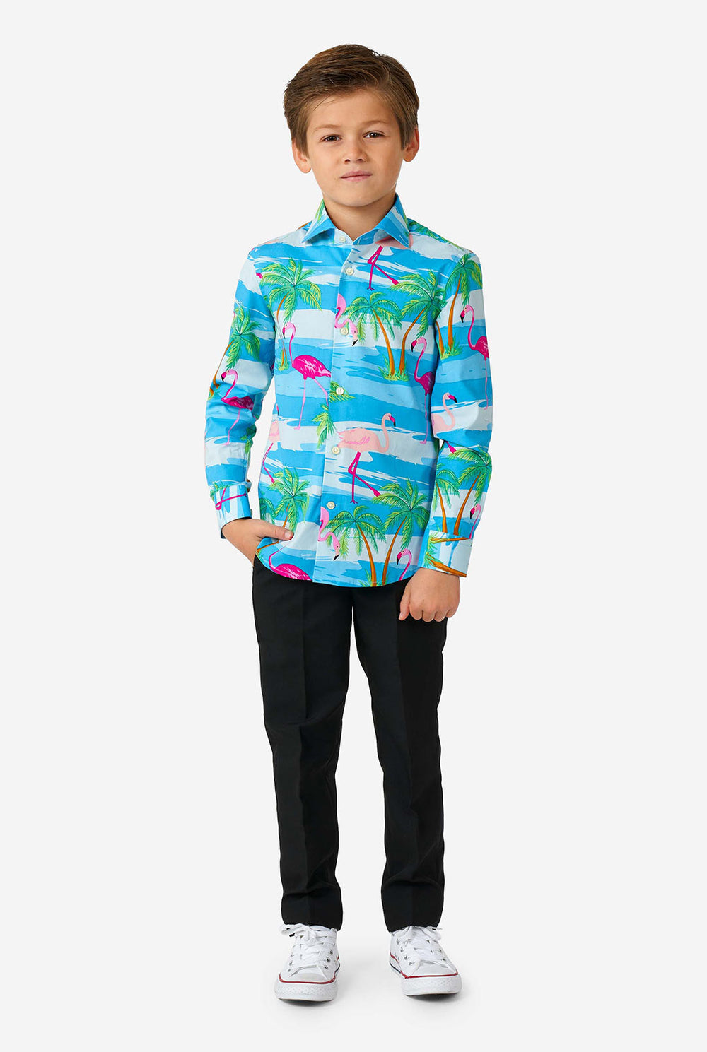 Boy wearing long sleeve boys' shirt with summer flamingo print