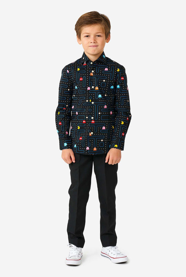Boy wearing long sleeve boys' shirt with Pac-Man print