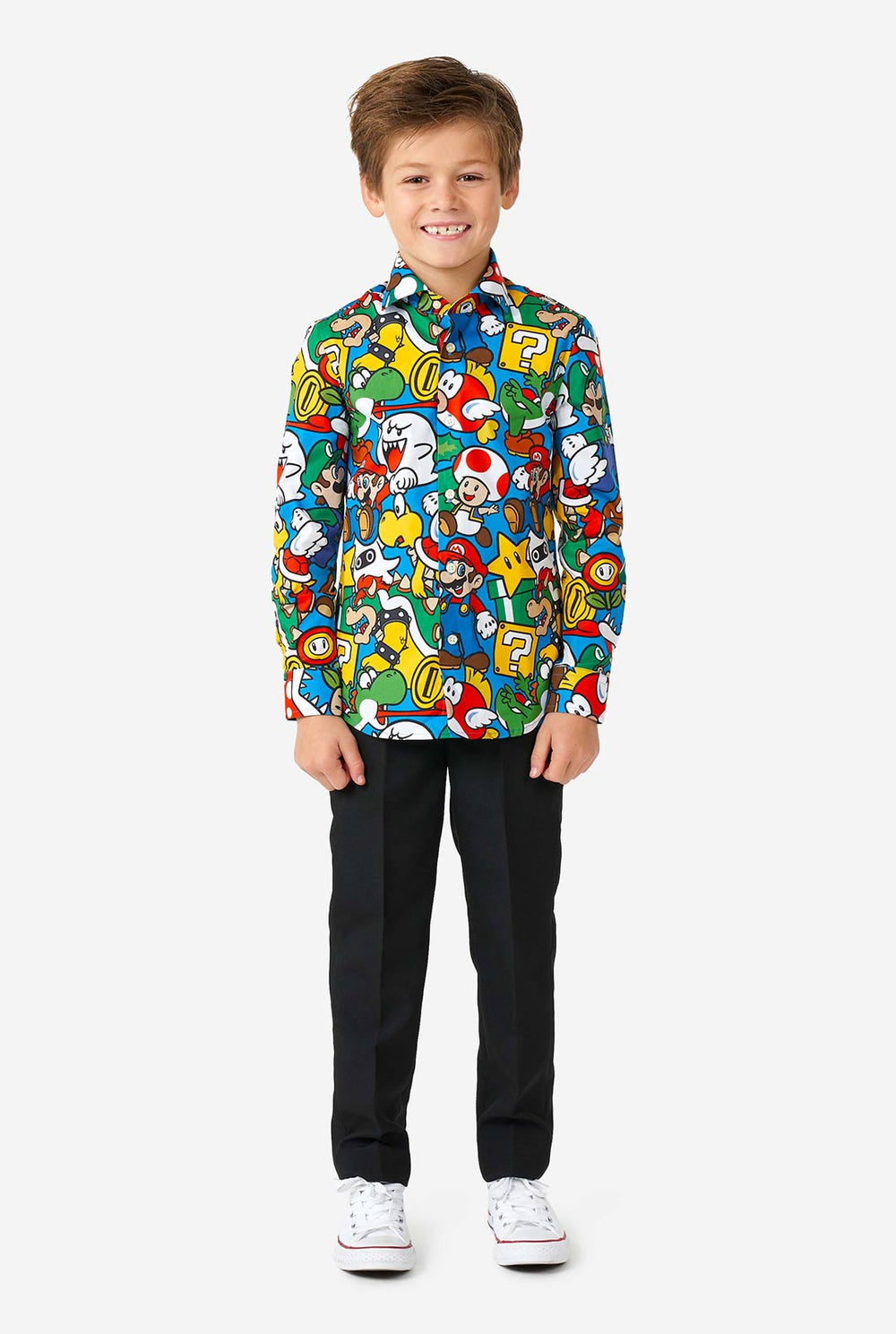 Boy wearing colorful long sleeve shirt with Super Mario Nintendo print