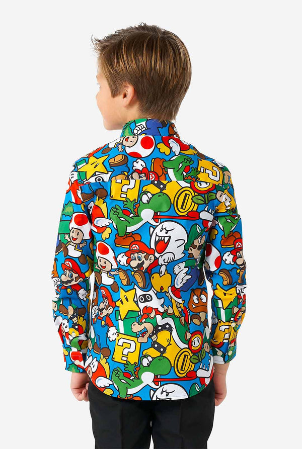 Boy wearing colorful long sleeve shirt with Super Mario Nintendo print