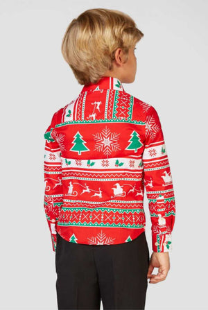Funny red Christmas dress shirt Winter Wonderland worn by a boy