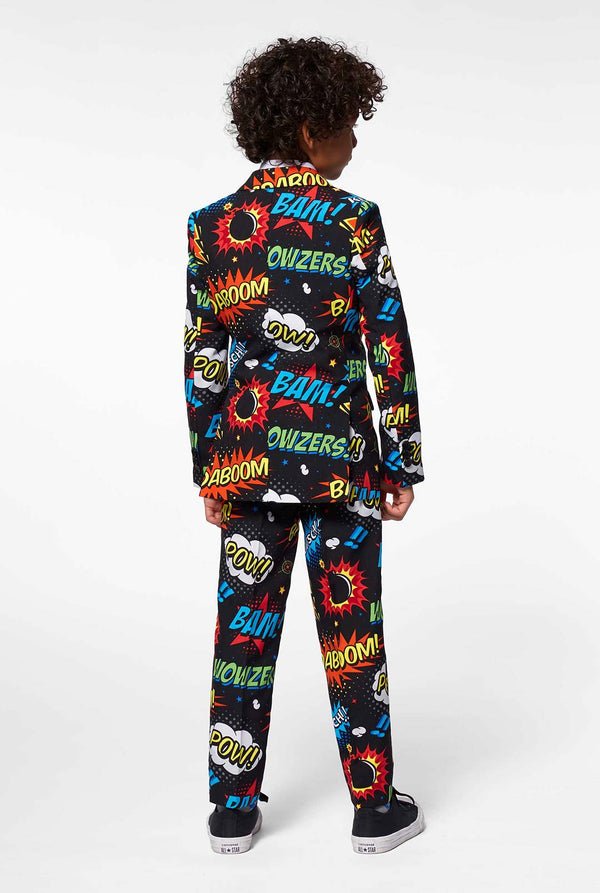 Comic book phrase suit for boys worn by a boy