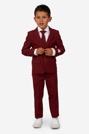 Kid wearing a burgundy red suit for boys
