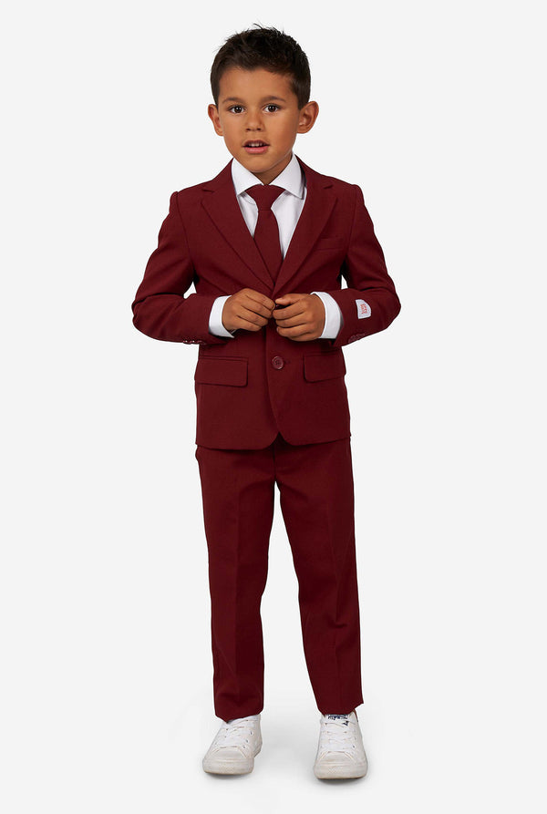Kid wearing a burgundy red suit for boys