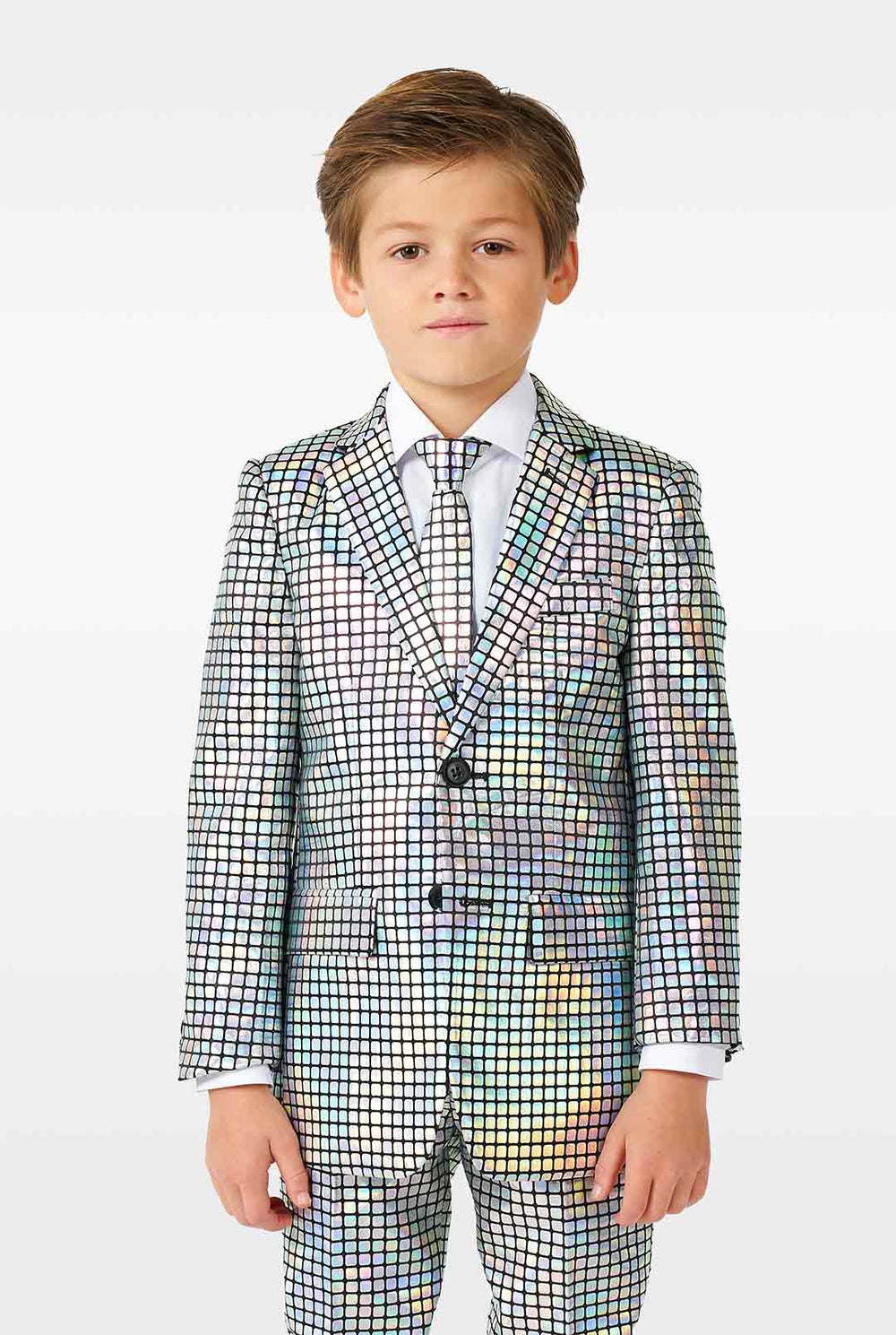 Boy wearing disco ball mirror suit