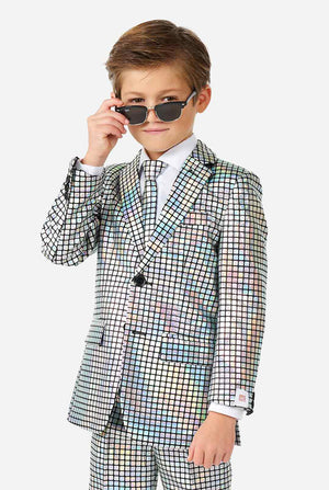 Boy wearing disco ball mirror suit