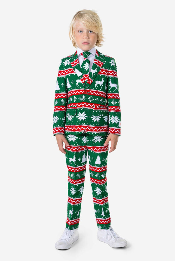 Kid wearing green Christmas suit