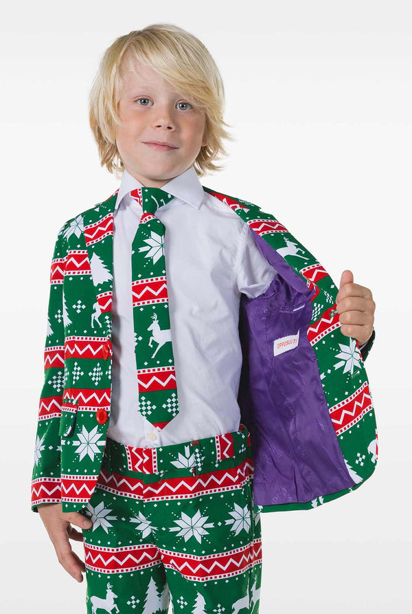 Kid wearing green Christmas suit