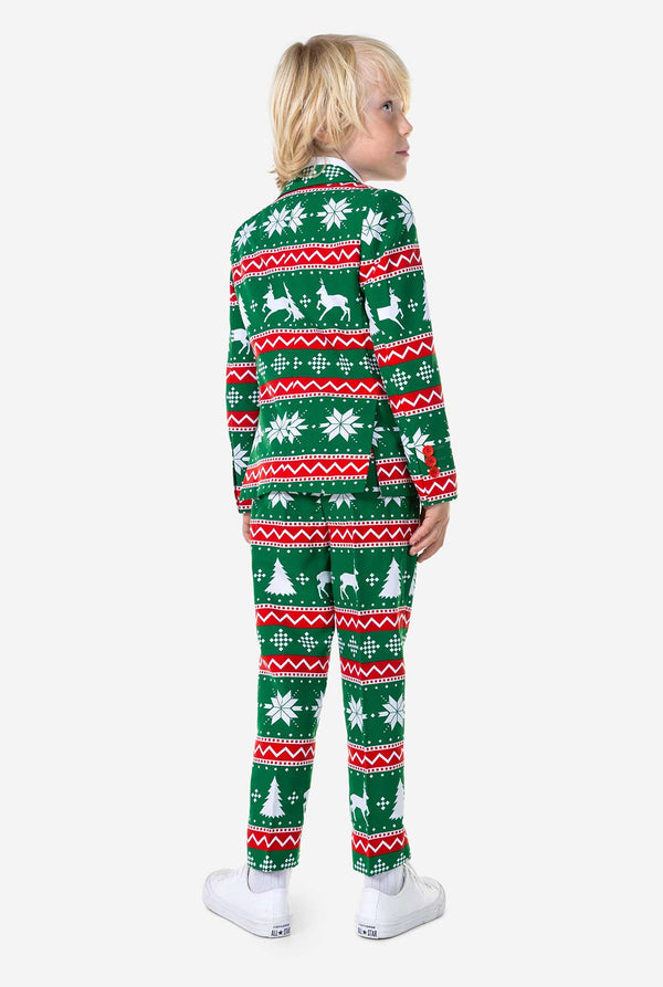 Kid wearing green Christmas suit