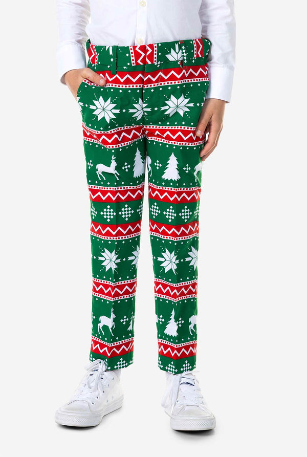 Kid wearing green Christmas suit