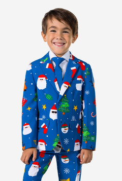 Kid wearing blue Christmas suit