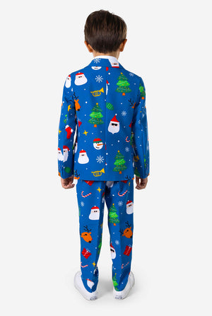 Kid wearing blue Christmas suit