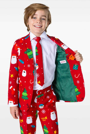 Kid wearing red Christmas suit with Christmas icons