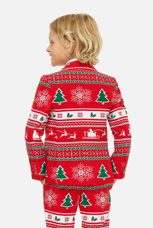 Red christmas suit for boys worn by boy