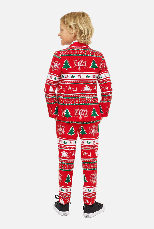 Red christmas suit for boys worn by boy