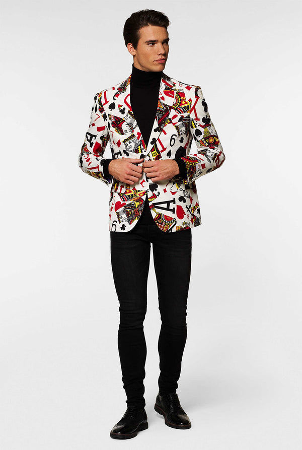 Playing cards print casual blazer King Of Clubs worn by men zoomed in