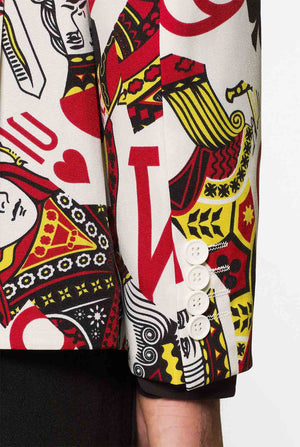 Playing cards print casual blazer King Of Clubs worn by men zoomed in