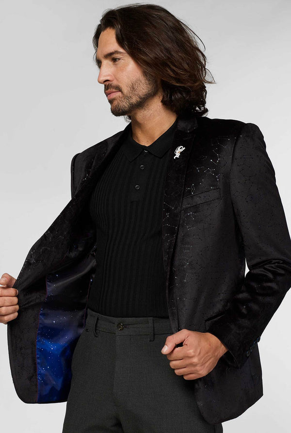 Black casual blazer jacket with constellation pattern worn by man