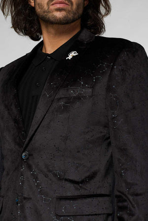Black casual blazer jacket with constellation pattern worn by man