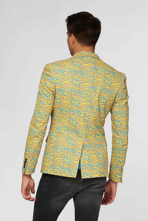 Yellow and blue zebra print casual blazer worn by man