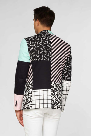 abstract pattern casual blazer inspired by Memphis group worn by man