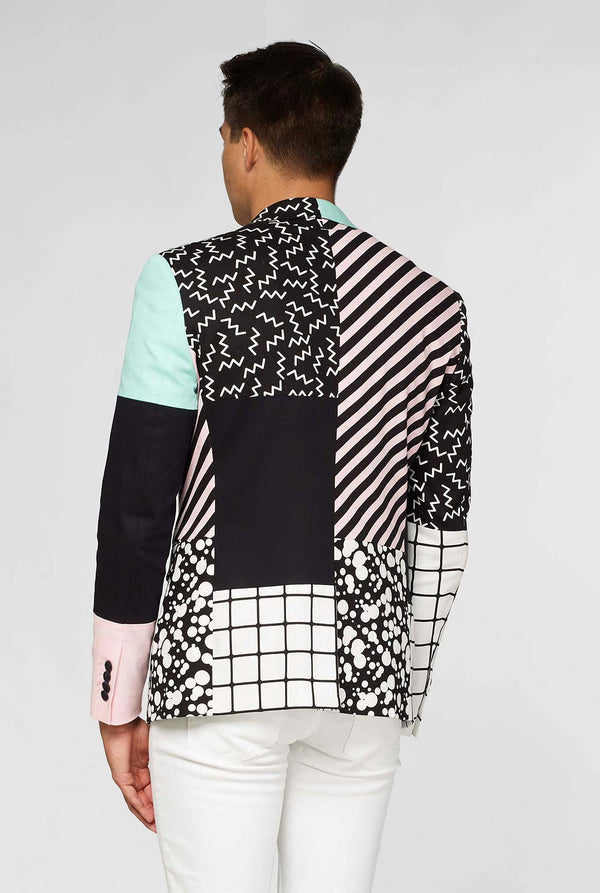 abstract pattern casual blazer inspired by Memphis group worn by man