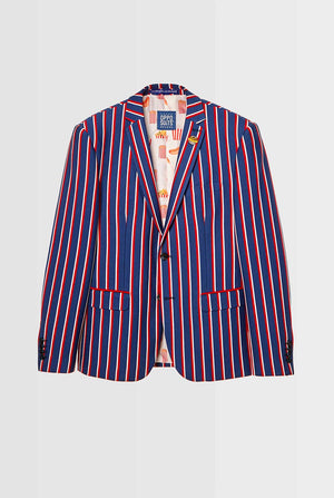 Red white and blue striped casual blazer worn by man