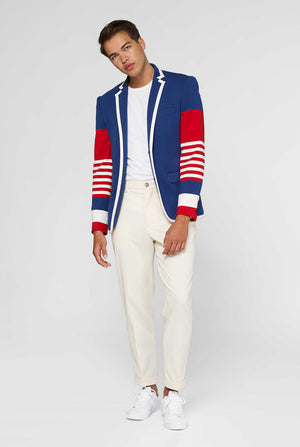 Red white and blue sporty casual blazer worn by man