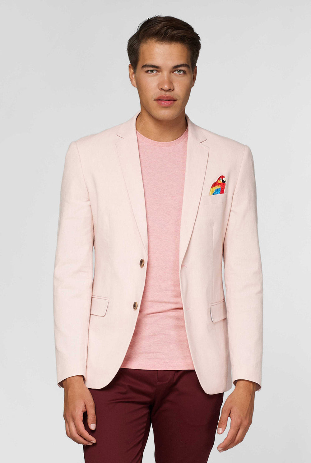 Pink casual blazer with parrot embroidery worn by man