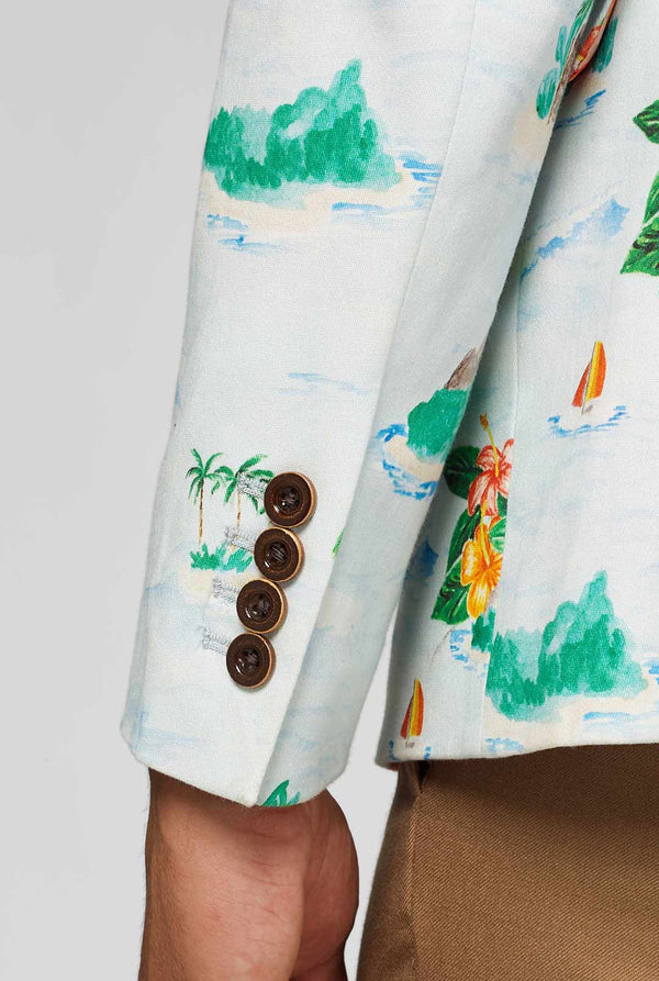 White casual blazer with Hawaiian icon print worn by man showing red palm tree inner lining