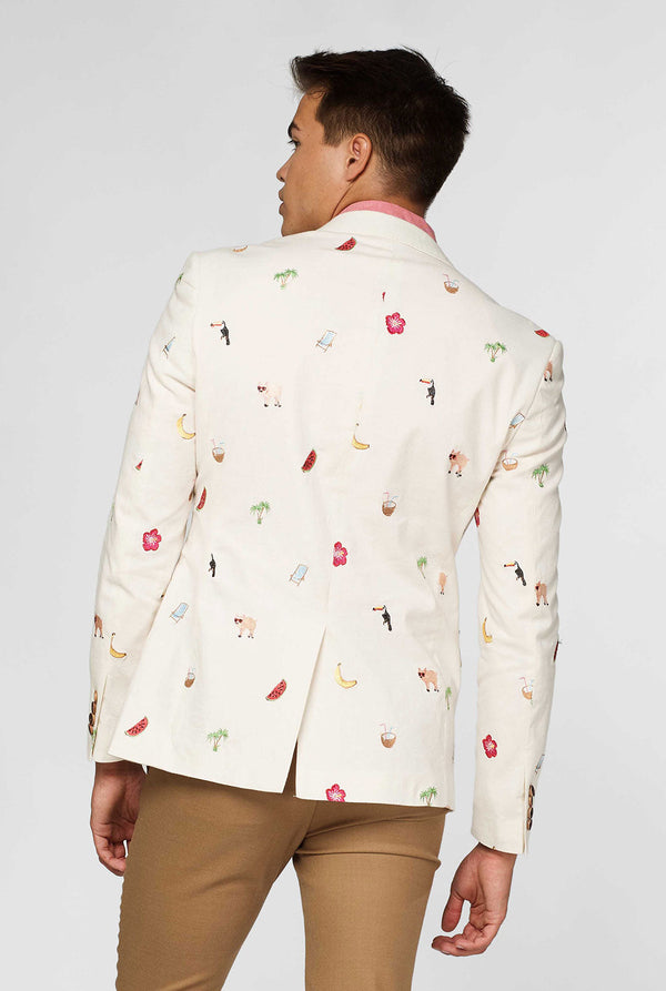 Off-white blazer with tropical embroidery worn by man