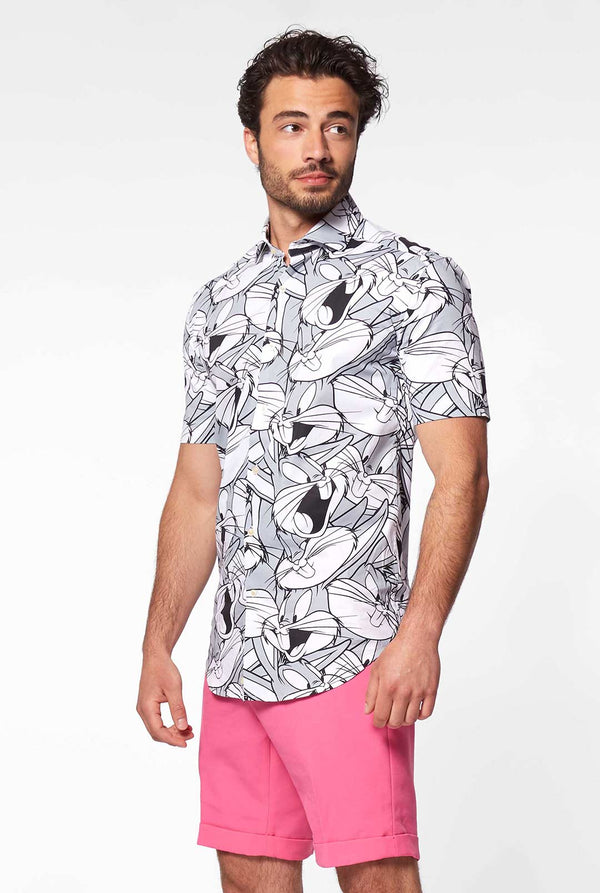 Man wearing summer shirt with bugs bunny Warner Bros print