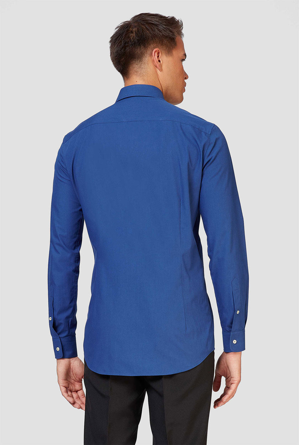 Man wearing dark blue dress shirt