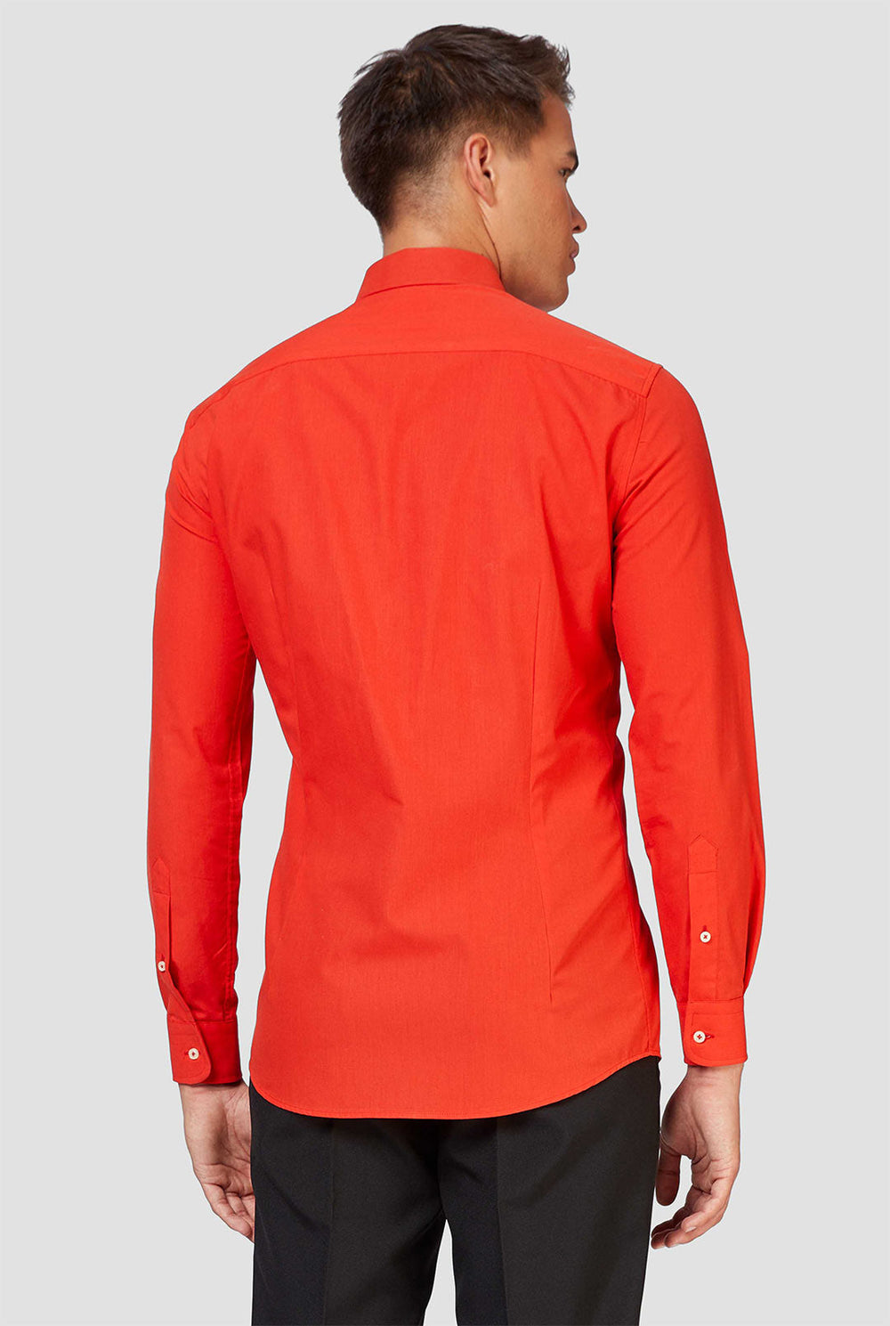 Man wearing red dress shirt