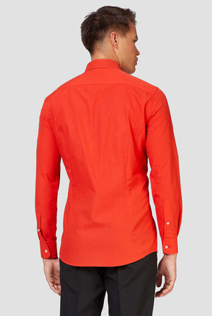Man wearing red dress shirt