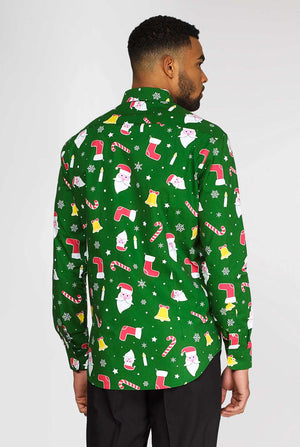 Back View of Man wearing green Christmas dress shirt with colored Christmas icons