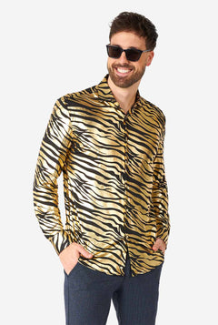 Man wearing golden dress shirt with tiger stripes