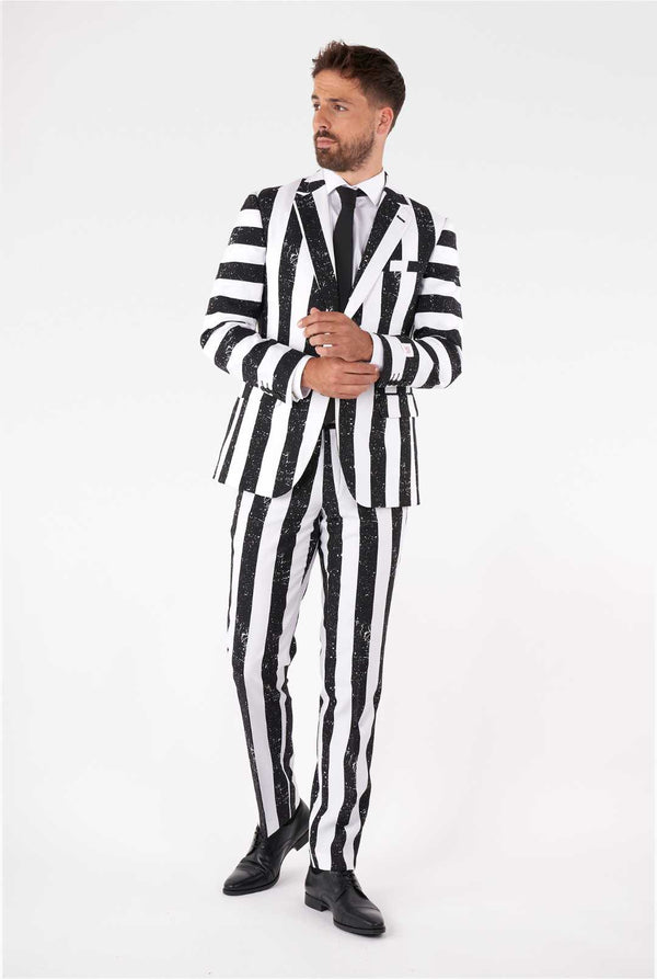 Man wearing striped black and white men's suit